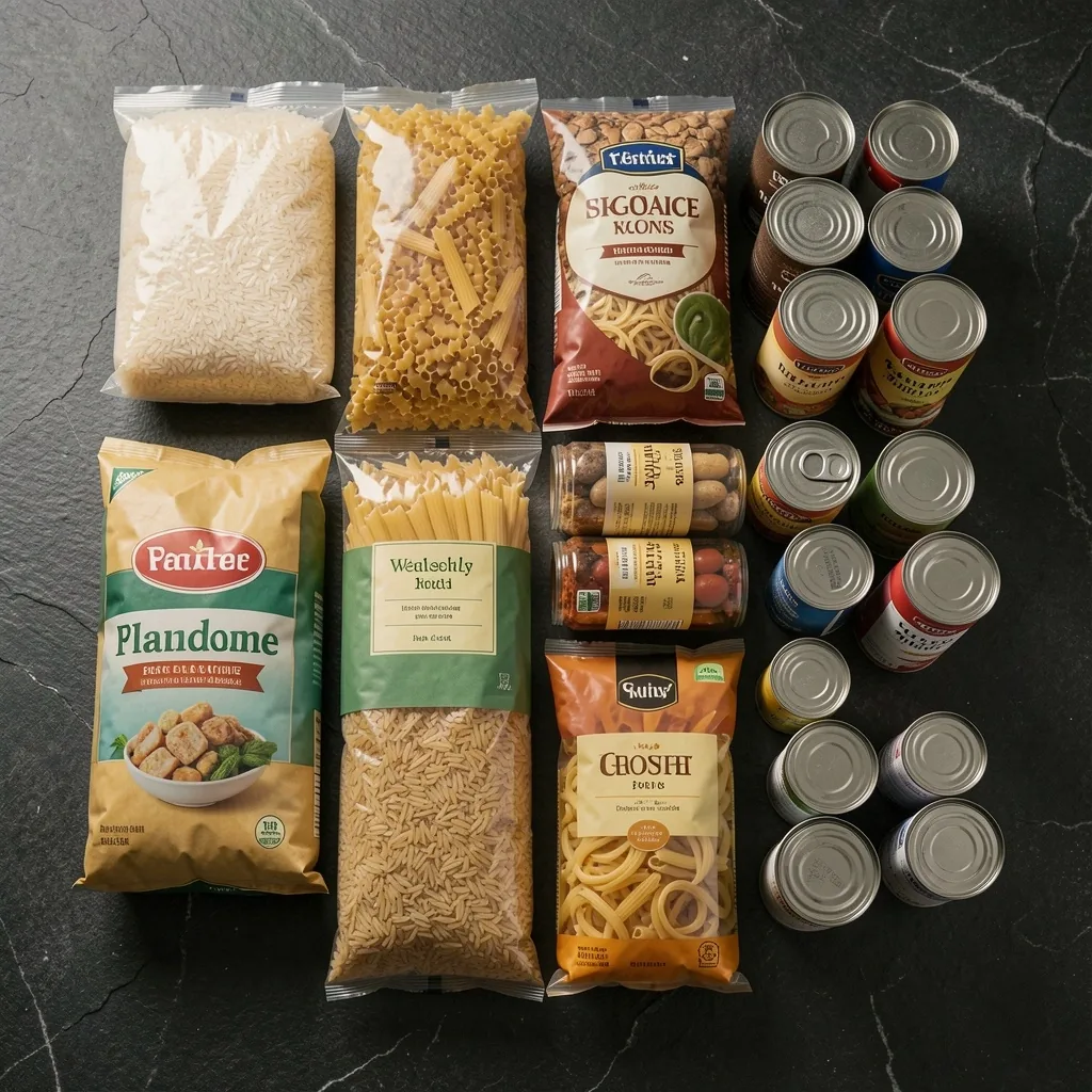 Compra semanal de productos no perecederos organizados sobre una superficie oscura