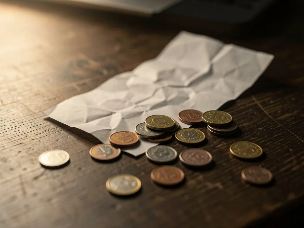 Monedas y ticket de compra sobre una mesa oscura