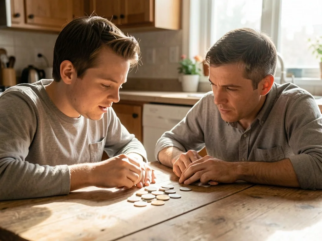 Padre e hijo revisando monedas en una mesa de cocina