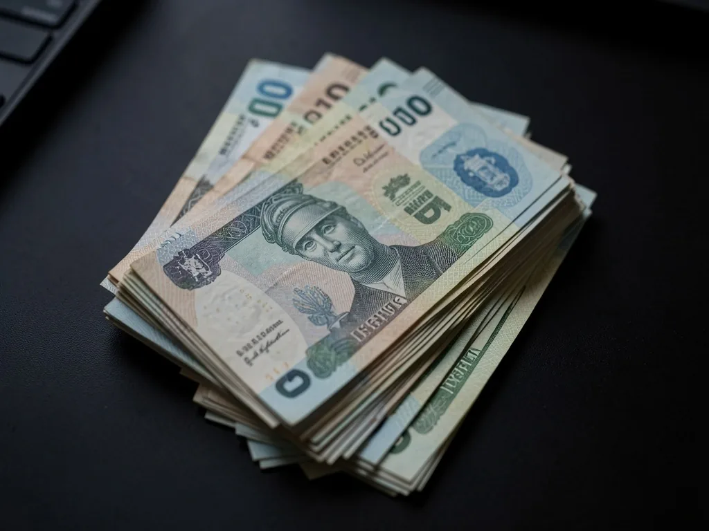 Billetes argentinos sobre superficie oscura